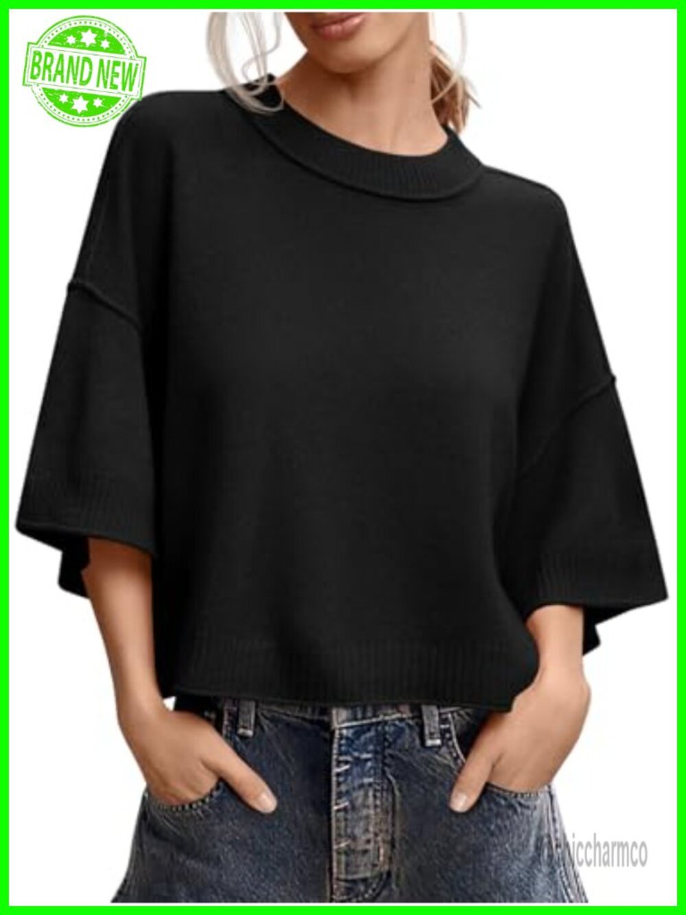 Womens Oversized Cropped Sweater Ribbed Knit Short Sleeve Crew Neck